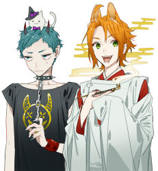  2boys animal_ears animal_on_head aqua_eyes aqua_hair bow bowtie cat closed_mouth collar curtained_hair extra_ears fingernails green_eyes hagiwara_daisuke halloween_costume hand_up hands_up hat holding holding_smoking_pipe hori-san_to_miyamura-kun horns long_sleeves looking_at_viewer male_focus multiple_boys nail_polish nervous_sweating on_head open_mouth orange_hair purple_bow purple_bowtie shindou_kouichi short_bangs short_hair simple_background smoking_pipe spiked_collar spikes sweat tanihara_makio teeth white_background witch_hat 