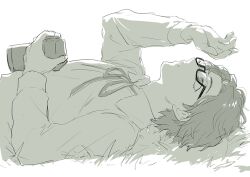  1boy camera commentary_request dress_shirt glasses grass greyscale hiraga_keisuke holding holding_camera isa_(peien516) lying male_focus monochrome neck_ribbon on_back on_floor persona persona_3 rectangular_eyewear ribbon semi-rimless_eyewear shirt short_hair simple_background solo under-rim_eyewear upper_body white_background 