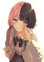  1girl 1other :t absurdres black_bow black_bowtie black_skirt blush bow bowtie brown_hair brown_scrunchie collared_shirt commentary_request crepe dress_shirt eating food food_on_face hair_ornament hair_scrunchie handkerchief highres holding holding_crepe holding_food holding_handkerchief long_hair looking_at_viewer multicolored_hair pink_hair pink_scrunchie plaid_clothes plaid_skirt pleated_skirt pov pov_hands sansan_(s4ng_3) school_uniform scrunchie shirt simple_background sitting skirt split-color_hair tachibana_hinano tachibana_hinano_(school_uniform) transparent_background two-tone_hair violet_eyes virtual_youtuber vspo! white_shirt wiping_another's_face 