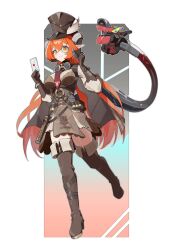 1girl absurdres alternate_costume boots breasts brown_boots brown_gloves brown_hat commentary_request elbow_gloves full_body gloves goggles goggles_around_neck green_eyes hat highres holding holding_letter horns letter looking_at_viewer magus_(zenless_zone_zero) monocle orange_hair orange_pupils orphie_magnusson pointy_ears telescope thigh_boots top_hat wax_seal zenless_zone_zero zeroartwo 