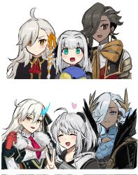  1boy 2girls age_progression ahoge aqua_eyes ascalaphus_(fate) ascalaphus_acheron_(fate) blush braid brown_eyes closed_eyes dark_skin fate/grand_order fate_(series) gray_(fate) gray_lily_(fate) gray_lily_(saber)_(fate) grey_hair hair_over_one_eye highres long_hair multiple_girls necktie nekwnek olga_marie_animusphere olga_marie_animusphere_(unbeast) olga_marie_animusphere_(young) one_eye_covered red_eyes red_necktie simple_background smile v white_background white_hair 