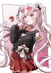  1girl :p bare_shoulders black_nails black_shirt blunt_bangs blush breasts commentary_request cowboy_shot eyewear_on_head facial_mark finger_to_mouth hair_ornament heart heart_facial_mark honkai:_star_rail honkai_(series) jewelry long_hair long_sleeves looking_at_viewer mashiro_(user_65392488) miniskirt multicolored_hair official_alternate_costume official_alternate_hairstyle outside_border pink_eyes pleated_skirt red_skirt red_streaks ring shirt simple_background skirt small_breasts solo sparkle_(honkai:_star_rail) sparxie_(candy-coated_waves)_(honkai:_star_rail) sparxie_(honkai:_star_rail) standing streaked_hair stuffed_animal stuffed_toy sunglasses teddy_bear tongue tongue_out twintails two_side_up very_long_hair white_hair x_hair_ornament 