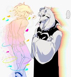  ... 2boys aafff567346 animal_ears asriel_dreemurr asriel_dreemurr_(god_of_hyperdeath) black_sclera colored_sclera commentary crossed_arms deltarune floating floating_hair flowery_(deltarune) furry furry_male goat_boy goat_ears goat_horns hands_in_pockets highres horns male_focus multiple_boys musical_note omega_flowery pants petals spoken_ellipsis spoken_musical_note undertale untranslatable_commentary utdr_(toby_fox) white_horns 