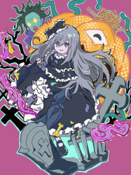  +_+ 1girl 2others absurdres bow colored_skin commentary_request cross crown cyclops dress duel_monster frilled_dress frills ghost_belle_&amp;_haunted_mansion grave green_skin grey_hair grey_skin grey_tongue hair_bow highres long_hair looking_at_viewer mini_crown multiple_others noppe one-eyed pink_background pumpkin pumpking_the_king_of_grave_ghosts snake_hair stare_of_the_snake_hair violet_eyes yu-gi-oh! 