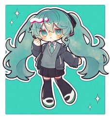  1girl :< alternate_costume aqua_eyes aqua_hair aqua_necktie black_jacket black_ribbon black_skirt black_thighhighs blush border closed_mouth deformed fluffy_hair full_body grey_sweater hair_ribbon hand_up hatsune_miku hood hood_down hooded_jacket jacket long_hair looking_at_viewer mizunidoufu necktie open_clothes open_jacket outline pleated_skirt ribbon school_uniform shirt shoes skirt sleeves_past_wrists standing sweater thigh-highs twintails uwabaki very_long_hair vocaloid white_border white_outline white_shirt 
