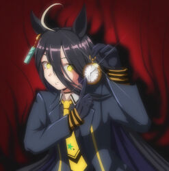  1girl ahoge animal_ears black_coat black_hair closed_mouth coat commentary curtains dyed_ahoge earrings english_commentary hair_between_eyes highres horse_ears horse_girl index_finger_raised jewelry long_bangs long_hair manhattan_cafe_(creeping_shadow)_(umamusume) manhattan_cafe_(umamusume) meme necktie pocket_watch single_earring smile solo step_arts umamusume upper_body very_long_hair watch white_rabbit_pointing_at_a_clock_(meme) yellow_eyes yellow_necktie 