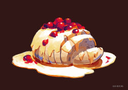 artist_name bread cake commentary dumpling english_commentary food food_focus fruit juliabeutling no_humans original plate red_background simple_background 