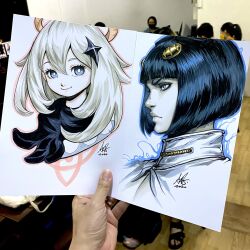  1boy 1girl art_tools_in_frame artist's_hand_in_frame black_hair black_scarf blue_eyes blue_outline bob_cut bruno_bucciarati closed_mouth commentary cropped_shoulders english_commentary genshin_impact hair_ornament highres jojo_no_kimyou_na_bouken marker_(medium) medium_hair outline paimon_(genshin_impact) photo_(medium) pink_outline scarf signature smile stanley_lau traditional_media vento_aureo white_hair 