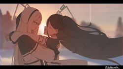  2girls :d ^_^ aris_(blue_archive) arms_around_another's_back arms_around_neck artist_name black_bow black_hair black_hairband black_jacket blue_archive blurry blurry_background bow closed_eyes commentary facing_another floating_hair from_side hair_bow hair_ornament hairband halo highres hug jacket kei_(blue_archive) kei_(student)_(blue_archive) kutzuha letterboxed long_hair looking_at_another loosely_tucked_bangs multiple_girls mutual_hug one_side_up outdoors profile rectangular_halo ring_of_light_(blue_archive) sideways_mouth smile sunset twitter_username upper_body very_long_hair white_hair white_jacket 