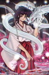  1girl arrow_(projectile) artist_name black_eyes black_hair blunt_bangs brittnidraws chromatic_aberration closed_mouth creature english_commentary hakama hakama_skirt highres holding holding_arrow in_water inuyasha japanese_clothes kikyou_(inuyasha) long_hair long_sleeves looking_at_viewer low_ponytail miko ponytail red_hakama ribbon-trimmed_sleeves ribbon_trim skirt solo wide_sleeves 