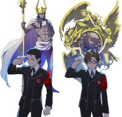  2boys alternate_universe black_hair black_jacket black_pants black_ribbon brown_eyes brown_hair clenched_hand commentary_request demon_(megami_tensei) dress_shirt evoker gekkoukan_high_school_uniform gun_to_own_head highres hiraga_keisuke isa_(peien516) jacket looking_at_viewer male_focus multiple_boys neck_ribbon odagiri_hidetoshi pants persona persona_(summon) persona_3 ribbon s.e.e.s school_uniform shirt short_hair simple_background white_background white_shirt 