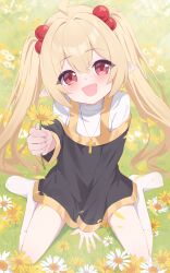  1girl absurdres ahoge artist_request black_dress blonde_hair commentary_request commission cross cross_necklace daisy_(flower) dress elf flower hair_bobbles hair_ornament highres holding holding_flower jewelry korean_commentary latin_cross long_hair long_sleeves necklace nun open_mouth original pointy_ears red_eyes second-party_source socks solo twintails twintails_elf_nun_(sugarnut) very_long_hair white_flower white_socks yellow_flower 