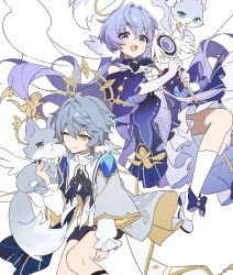  1boy 1girl aged_down animalization aqua_eyes black_shoes brother_and_sister cat closed_mouth detached_sleeves dress grey_hair halo halo_behind_head head_wings highres holding holding_microphone_stand honkai:_star_rail honkai_(series) long_hair looking_at_viewer microphone_stand neckerchief official_alternate_costume one_eye_closed open_mouth person_and_animalization piercing pkgllllllv purple_hair purple_neckerchief purple_shoes robin_(honkai:_star_rail) robin_(little_cat)_(honkai:_star_rail) shoes short_hair siblings simple_background smile socks spiked_halo sunday_(honkai:_star_rail) sunday_(little_cat)_(honkai:_star_rail) very_long_hair white_background white_socks white_wings wing_piercing wings yellow_eyes 
