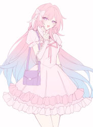 1girl alternate_costume bag blue_hair bow bright_pupils commentary_request cowboy_shot cyrene_(demiurge)_(honkai:_star_rail) cyrene_(honkai:_star_rail) diamond-shaped_pupils diamond_(shape) dress fingernails gradient_hair hair_bow hand_up highres honkai:_star_rail honkai_(series) long_hair multicolored_hair mykytk nail_polish official_alternate_costume open_mouth pink_bow pink_dress pink_hair pink_nails pointy_ears purple_bag short_sleeves shoulder_bag simple_background smile solo symbol-shaped_pupils v very_long_hair violet_eyes white_background white_pupils