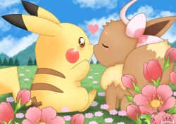  animal animal_couple animal_focus animals_kissing bilingual_commentary blush bow closed_eyes clouds commentary cosplay couple day eevee english_commentary flower grass hair_bow heart jirachicute28 kiss mixed-language_commentary no_humans pikachu pink_bow pink_flower pokemon pokemon_(creature) pokemon_focus ribbon sky sylveon sylveon_(cosplay) tree u_u 