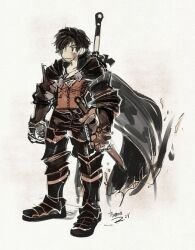  1boy black_cape black_hair cape clive_rosfield dated english_commentary final_fantasy final_fantasy_tactics final_fantasy_xvi looking_to_the_side male_focus parody signature style_parody sword sword_on_back thomas_rothlisberger weapon weapon_on_back white_background 