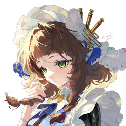  1girl absurdres artist_name box_galaxy braid braided_sidelocks brown_hair closed_mouth coppelia_(reverse:1999) green_eyes hand_up highres holding_own_hair official_alternate_costume portrait reverse:1999 short_hair_with_long_locks sidelocks solo veil white_background white_veil 
