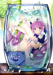  1girl ahoge air_bubble anchor_print anchor_symbol ankle_garter arched_soles bare_legs barefoot blue_bow blue_bowtie blue_dress blue_streaks blunt_bangs bow bowtie braid bubble character_name closed_mouth colored_inner_hair commentary condensation convenient_censoring coria cup curled_ends dress dress_bow drinking_glass folded food frilled_dress frilled_shirt_collar frills fruit hair_bow high-ended_braid highres hololive hugging_own_legs ice ice_cube in_container in_cup knees_together_feet_apart legs legs_up light_blush lime_(fruit) lime_slice long_hair looking_at_viewer maid maid_headdress minato_aqua minato_aqua_(1st_costume) multicolored_hair plantar_flexion purple_hair short_dress short_sleeves sidelocks smile solo split_mouth streaked_hair striped_clothes striped_wrist_cuffs submerged tumbler_glass twintails two-tone_hair untranslatable_commentary very_long_hair violet_eyes virtual_youtuber water water_drop white_bow wrist_cuffs 