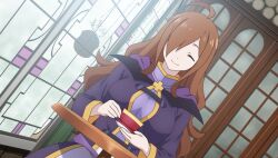  1girl ahoge brooch brown_hair closed_eyes closed_mouth cross cross_brooch cup dress dutch_angle gambeson game_asset hair_over_one_eye high_collar highres holding holding_cup holding_saucer hood hood_down hooded_robe indoors jewelry kono_subarashii_sekai_ni_shukufuku_wo! kono_subarashii_sekai_ni_shukufuku_wo!_kono_yokubukai_game_ni_shinpan_o! long_dress long_hair long_sleeves non-web_source official_art purple_dress purple_robe robe saucer self-datamine sitting smile solo table teacup upper_body wavy_hair window wiz_(konosuba) 