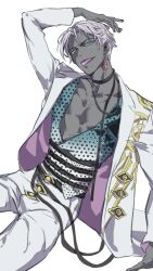  1boy arm_up belt bishounen black_choker blue_eyes choker collarbone colored_skin commentary_request dark-skinned_male dark_skin earrings fate/grand_order fate_(series) grey_skin highres indra_(celebratory_attire)_(fate) indra_(fate) jacket jewelry kokowashadowmidori long_sleeves looking_at_viewer male_focus open_clothes open_mouth pants pectoral_cleavage pectorals shirt short_hair simple_background sitting smile solo tattoo tongue tongue_out white_background white_hair white_jacket white_pants 
