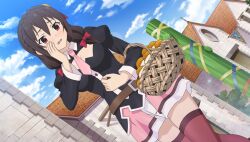  1girl basket belt belt_buckle black_shirt blue_sky blush bow braid breasts brick_wall brown_belt brown_hair buckle cleavage_cutout clothing_cutout clouds collared_shirt cowboy_shot crown_braid day dutch_angle game_asset hair_bow hand_on_own_cheek hand_on_own_face highres holding holding_basket house kono_subarashii_sekai_ni_shukufuku_wo! kono_subarashii_sekai_ni_shukufuku_wo!_kono_yokubukai_game_ni_shinpan_o! large_breasts long_sleeves looking_to_the_side low_twintails necktie non-web_source official_art open_mouth outdoors pink_necktie pink_skirt pink_thighhighs puffy_long_sleeves puffy_sleeves red_bow red_eyes self-datamine shirt short_necktie skirt sky solo standing thigh-highs twintails wicker_basket yunyun_(konosuba) 