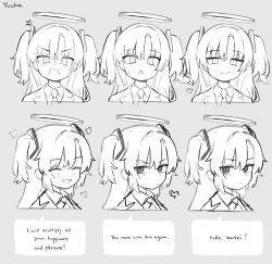  1girl :< :d ^_^ blue_archive closed_eyes closed_mouth collared_shirt commentary cropped_shoulders english_commentary english_text flower_symbol grey_background greyscale halo hepari highres jacket long_hair looking_at_viewer monochrome multiple_views necktie open_mouth shirt smile speech_bubble sweatdrop two_side_up v-shaped_eyebrows yuuka_(blue_archive) 