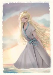  1girl absurdres amber_(path_to_nowhere) arm_behind_back blonde_hair grin highres hospital_gown kabu_(kaopako_) long_hair outdoors partially_submerged path_to_nowhere smile solo standing very_long_hair 