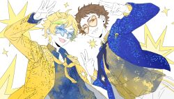  2boys :d absurdres ahoge arm_up blonde_hair blue-framed_eyewear blue-tinted_eyewear blue_eyes blue_jacket blue_necktie blue_shirt collared_shirt dreonya ensemble_stars! fang green_streaks grin harukawa_sora heart heart-shaped_eyewear highres inward_v jacket long_sleeves male_focus multicolored_hair multiple_boys necktie one_eye_closed orange-framed_eyewear orange-tinted_eyewear orange_eyes pants pocket_square sequins shirt short_bangs short_hair simple_background smile star-shaped_eyewear star_(symbol) streaked_hair tenma_mitsuru thick_eyebrows tinted_eyewear v white_background white_pants yellow_jacket yellow_necktie yellow_shirt 