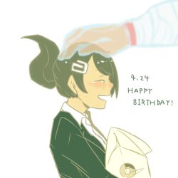  2girls alternate_costume asahina_aoi bag black_jacket brown_hair closed_eyes collared_shirt commentary_request crying danganronpa:_trigger_happy_havoc danganronpa_(series) dated ghost hair_ornament hairclip hand_on_another's_head happy_birthday headpat holding holding_bag jacket multiple_girls ogami_sakura open_mouth paper_bag ponytail shinshishinc shirt short_hair simple_background smile solo_focus spoilers suit_jacket tears white_background white_bag white_shirt 