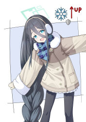  1girl 3air3 absurdres aris_(blue_archive) aris_(winter)_(blue_archive) black_hair black_pantyhose blue_archive blue_eyes blue_scarf braid braided_ponytail brown_coat brown_mittens coat cropped_legs earmuffs fur-trimmed_coat fur-trimmed_sleeves fur_trim green_halo hair_between_eyes halo highres long_hair long_hair_between_eyes looking_at_viewer mittens open_mouth outstretched_arms pantyhose plaid_clothes plaid_scarf pleated_skirt rectangular_halo scarf skirt smile solo spread_arms teeth upper_teeth_only very_long_hair white_skirt winter_clothes 