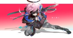  1girl battoujutsu_stance black_boots black_gloves black_halo black_jacket black_mask black_shirt blindfold_mask blue_gloves blue_jacket blue_necktie bokyo boots bracelet butterfly_on_sword character_name closed_mouth commentary_request dynamic_pose facing_viewer fighting_stance full_body gloves gradient_background grey_pants grey_shirt halo highres holding holding_weapon jacket jewelry katana long_sidelocks mask multiple_swords necktie nijisanji outstretched_leg pants pink_hair ready_to_draw red_background shadow sheath sheathed shirt short_hair_with_long_locks sidelocks simple_background solo squatting sword three-quarter_sleeves two-sided_fabric two-sided_jacket variant_set virtual_youtuber weapon yuuhi_riri yuuhi_riri_(7th_costume) 