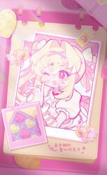  1girl :d ;d animal_sticker arrow_(symbol) bird blonde_hair candy chinese_text chocolate duck earphones food hair_intakes hair_ribbon heart heart-shaped_chocolate heart-shaped_food heart_hands highres official_art one_eye_closed open_mouth path_to_nowhere phanuel_(path_to_nowhere) photo_(object) pink_background pink_eyes pink_ribbon puffy_short_sleeves puffy_sleeves ribbon shirt short_sleeves smile solo twintails upper_body white_shirt 