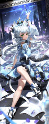  1girl absurdres animal_ear_fluff animal_ears arknights arm_up armpits black_trim blue_dress blue_ribbon blush cat_ears cat_girl chess_piece clear_sky clouds cloudy_sky commentary_request crown dress falling_petals frilled_dress frills green_eyes hair_ornament highres infection_monitor_(arknights) long_hair looking_at_viewer official_alternate_costume open_hands orangeizumi petals purple_petals ribbon rosmontis_(an_airy_dream)_(arknights) rosmontis_(arknights) sidelocks single_wrist_cuff sky smile white_hair white_wrist_cuffs wrist_cuffs 