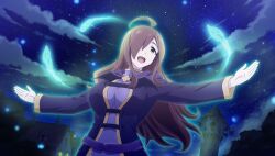  1girl :d ahoge breasts brown_eyes brown_hair casting_spell clouds dress gambeson game_asset hair_over_one_eye high_collar highres hood hood_down hooded_robe house kono_subarashii_sekai_ni_shukufuku_wo! kono_subarashii_sekai_ni_shukufuku_wo!_kono_yokubukai_game_ni_shinpan_o! large_breasts long_dress long_hair long_sleeves looking_up magic night non-web_source official_art open_hands open_mouth outstretched_arms purple_dress purple_robe robe self-datamine sky smile solo standing star_(sky) starry_sky upper_body wavy_hair wiz_(konosuba) 