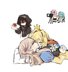  5girls amaori_renako aqua_hair black_hair blonde_hair brown_hair closed_eyes cosplay crown food fruit haojbleng holding holding_food holding_fruit kiss kissing_cheek koto_satsuki koyanagi_kaho mini_crown movie_camera multiple_girls ouzuka_mai pillow pink_hair prince sena_ajisai shaded_face simple_background snow_white's_queen_(fairy_tale_character) snow_white's_queen_(fairy_tale_character)_(cosplay) snow_white_(fairy_tale) snow_white_(fairy_tale_character) snow_white_(fairy_tale_character)_(cosplay) watashi_ga_koibito_ni_nareru_wake_naijan_murimuri! white_background yuri 