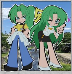  2girls absurdres blue_eyes denim green_hair gun hair_ribbon heart hedprotag highres higurashi_no_naku_koro_ni jeans long_hair multiple_girls one_eye_closed pants panty_&amp;_stocking_with_garterbelt_(style) ribbon shirt skirt sonozaki_mion sonozaki_shion weapon yellow_shirt 