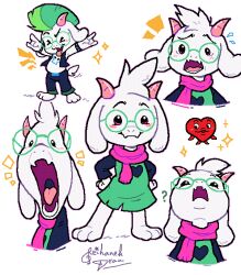  1boy ? chicken_little deltarune english_commentary floppy_ears furry furry_male green_hair green_robe horns mohawk multiple_views open_mouth parody pink_horns pink_scarf ralsei ralsei_(lightners_live) red_soul_(utdr) rei_(01_reihanehdraw) robe round_eyewear scarf signature soul_(utdr) style_parody utdr_(toby_fox) white_background white_fur 