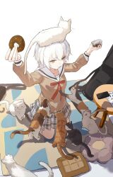  1girl :3 absurdres animal_on_head bang_dream! bang_dream!_it's_mygo!!!!! black_socks blue_eyes brown_shirt cat cat_on_head cellphone chinese_commentary commentary_request doughnut food grey_skirt hanasakigawa_school_uniform heterochromia highres kaname_raana kneehighs long_sleeves medium_hair neck_ribbon no_shoes on_head phone plaid_clothes plaid_skirt pleated_skirt raana_the_cat red_ribbon ribbon sailor_collar school_uniform serafuku shenqi_de_(9) shirt skirt smartphone socks solo white_hair white_sailor_collar yellow_eyes 
