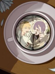  absurdres apron black_choker black_necktie blonde_hair chainsaw_man choker closed_eyes coffee coffee_mug commentary_request cup denji_(chainsaw_man) drink flower grey_apron hair_between_eyes hair_bun highres mug necktie open_mouth purple_hair reflection reflection_focus revision reze_(chainsaw_man) saucer shirt table user_traa3358 white_flower white_shirt 
