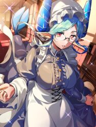  1girl black_dress blue_hair buttons center_frills commentary_request dragon_horns dragon_tail dress eyelashes frills glasses hallway hat highres horns indoors juliet_sleeves long_sleeves looking_at_viewer maid melusine_(housamo) mob_cap nizitaro parted_lips pointy_ears puffy_sleeves red_eyes sidelocks solo sparkle tail tokyo_afterschool_summoners window_shadow 