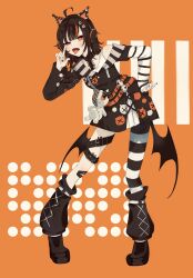  1girl ahoge animal_ear_headphones animal_ears arm_belt asymmetrical_legwear asymmetrical_sleeves bandaid bandaid_on_leg bare_shoulders bat_wings belt black_choker black_hair black_nails black_shoes black_sweater cat_ear_headphones cat_ears choker commentary_request cross-laced_clothes cross-laced_dress dress eyeball_hair_ornament fake_animal_ears full_body hand_on_own_hip headphones highres layered_dress leg_belt long_sleeves looking_at_viewer loose_socks m_picture29 mahou_shoujo_no_majo_saiban multicolored_hair nail_polish off-shoulder_sweater off_shoulder open_mouth orange_eyes orange_hair orange_nails orange_streaks sawatari_coco shirt shoes short_hair single_bare_shoulder single_thighhigh skirt skull socks solo streaked_hair striped_clothes striped_sleeves striped_thighhighs stuffed_animal stuffed_cat stuffed_toy sweater thigh-highs tongue tongue_out white_shirt white_skirt wings 