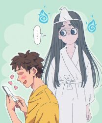  ... 1boy 1girl @_@ blue_fire blush brown_hair cellphone closed_mouth commentary_request faceless faceless_male fire flat_chest from_side ghost gloom_(expression) green_background highres holding holding_phone japanese_clothes jean_(jean_sp) kimono long_hair long_sleeves open_mouth original phone shirt short_hair smartphone smile spoken_ellipsis triangular_headpiece white_kimono yellow_shirt 
