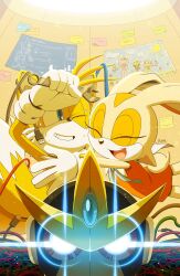 1girl 2boys blueprint_(object) closed_eyes cream_the_rabbit drawing_(object) forehead_jewel furry furry_male gemerl glowing glowing_eyes highres holding holding_wrench hug humanoid_robot kyalbrownart multiple_boys robot smile sonic_(series) sonic_advance_(series) sonic_advance_3 sweat tails_(sonic) usb_cable wrench 