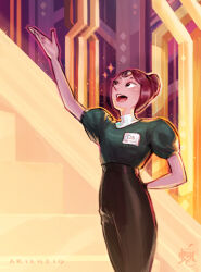  animification arienzio aubergine_pearl colored_skin forehead_jewel gem_(steven_universe) hair_bun high-waist_pants highres name_tag open_mouth pants pointy_nose puffy_short_sleeves puffy_sleeves purple_hair purple_skin shirt short_sleeves smile sparkle steven_universe steven_universe_future 