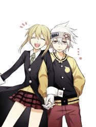  1boy 1girl blonde_hair closed_eyes commentary_request gloves headband holding_hands long_hair maka_albarn necktie open_mouth plaid_clothes plaid_skirt red_eyes school_uniform se_sm skirt smile soul_eater soul_evans twintails white_background white_hair 