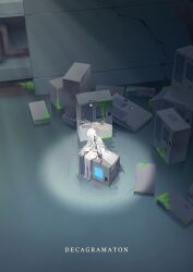  1girl absurdres blue_archive character_name colored_skin commentary_request decagrammaton_(blue_archive) ghost hair_over_one_eye halo highres indoors long_hair moss samgong sitting solo vending_machine very_long_hair white_hair white_skin yellow_halo 