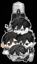  4boys antenna_hair black_background black_eyes black_hair blush_stickers bright_pupils cat chibi chibi_only closed_eyes closed_mouth colored_skin commentary_request computer double-parted_bangs fang hair_between_eyes highres jooee4124 key knife laptop light_bulb looking_at_another looking_at_viewer male_focus mewo mirror multiple_boys multiple_persona omoli_(omori) omori omori_(omori) omoriboy open_mouth photo_(object) shattered_omori_(omori) short_hair simple_background single_blush_sticker smile something_(omori) sunny_(omori) tissue tissue_box white_pupils white_skin 