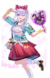  1girl absurdres aqua_shirt blush bow braid breasts commentary_request fate/grand_order fate_(series) hair_bow highres kama_(fate) kama_(fgo_fes._2026)_(fate) kaworu13 long_hair looking_at_viewer low_twin_braids medium_breasts off_shoulder one_eye_closed open_mouth polka_dot polka_dot_bow red_eyes red_skirt shirt short_sleeves skirt smile solo tied_shirt twin_braids v white_hair wristband 