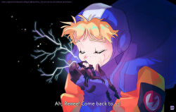  2girls animification apex_legends black_background black_bodysuit black_hair black_scarf blonde_hair blue_gloves blush bodysuit closed_eyes commentary electricity english_commentary freckles gloves hood hood-down hood_up hooded_bodysuit hooded_jacket jacket joong_beak kiss kissing_cheek lightning_bolt_symbol mini_person minigirl multiple_girls orange_jacket scar scar_on_cheek scar_on_face scarf short_hair single_hand star_(symbol) wattson_(apex_legends) wraith_(apex_legends) yuri 