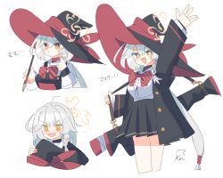  1girl arm_up black_hat black_jacket black_skirt blue_archive blush bow bowtie braid collared_shirt commentary_request cropped_legs cropped_torso eri_(blue_archive) grey_hair hair_between_eyes halo hat highres holding jacket long_hair long_sleeves looking_at_viewer multiple_views nagatsuki_kei_(nagatsuki22) open_clothes open_jacket open_mouth orange_eyes pleated_skirt red_bow red_bowtie shirt simple_background single_braid skirt sleeves_past_wrists smile v-shaped_eyebrows waving weapon white_background white_shirt witch_hat 